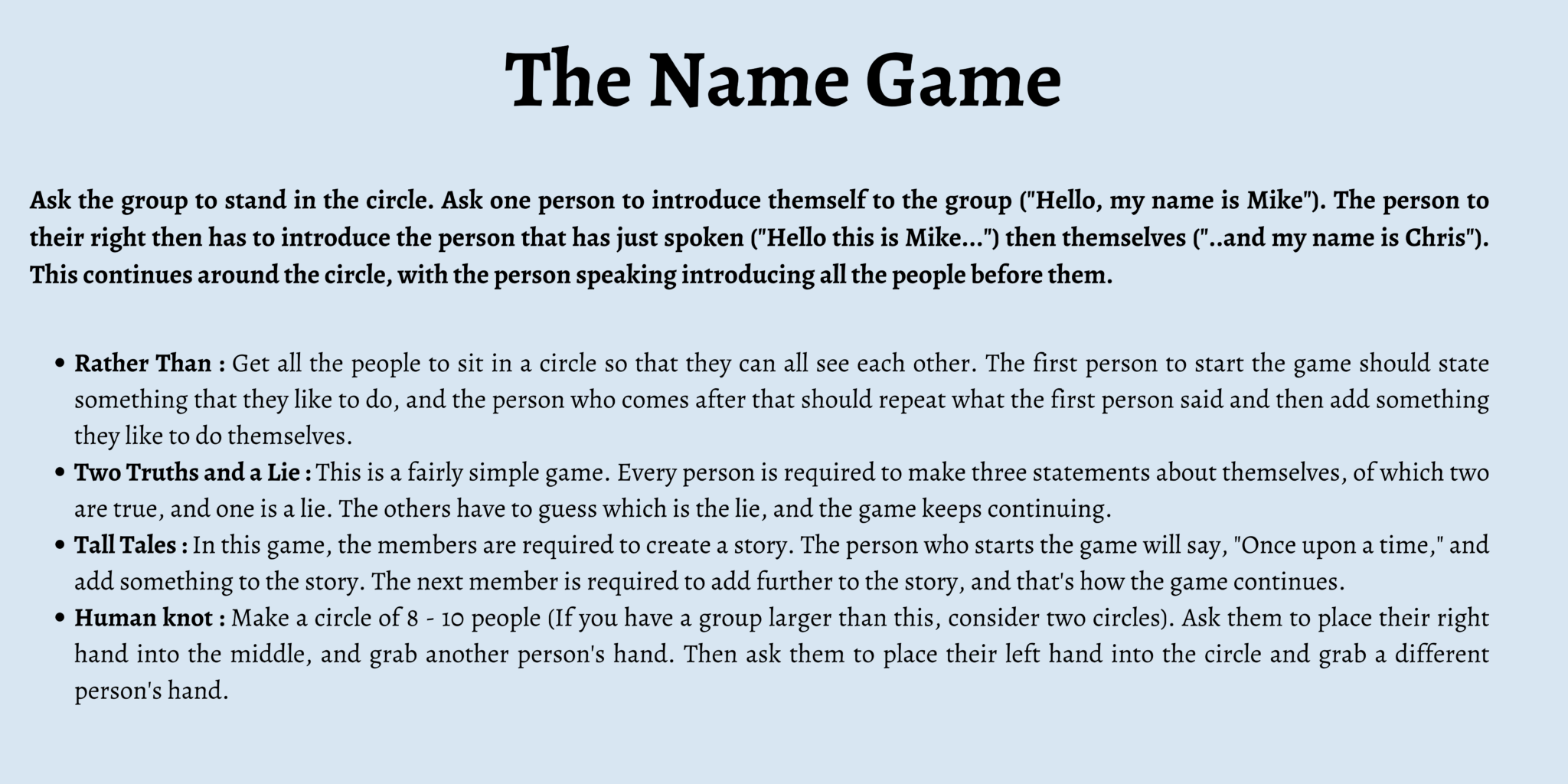 Icebreaker activities for groups First Aid for Free